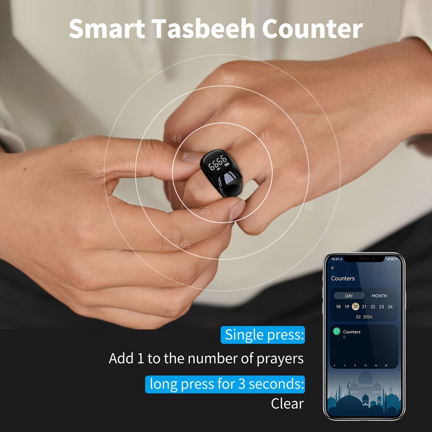 Zikr Smart Ring – Prayer Reminder, Counter & Qibla Guide