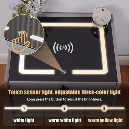 Smart Side Table – Fingerprint Lock, Charging Ports & LED Light