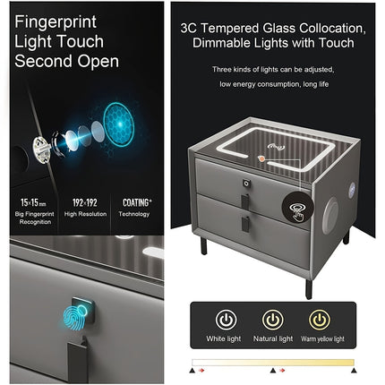 Smart Side Table – Fingerprint Lock, Charging Ports & LED Light