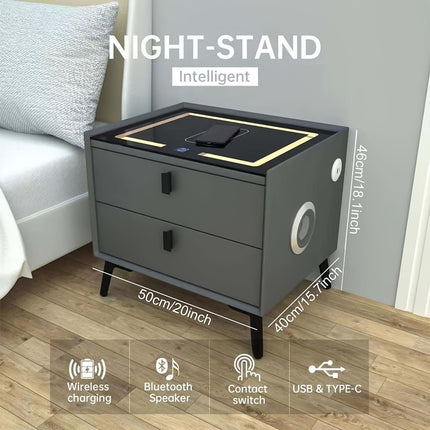 Smart Side Table – Fingerprint Lock, Charging Ports & LED Light