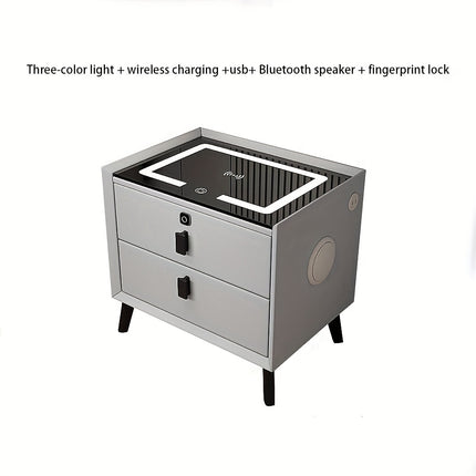 Smart Side Table – Fingerprint Lock, Charging Ports & LED Light