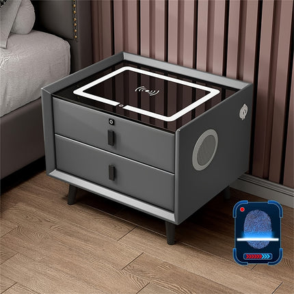 Smart Side Table – Fingerprint Lock, Charging Ports & LED Light