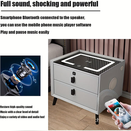 Smart Side Table – Fingerprint Lock, Charging Ports & LED Light