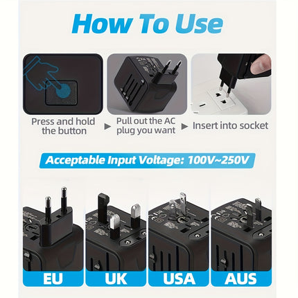 3 USB Ports Travel Adapter Worldwide With Type C and AC Socket