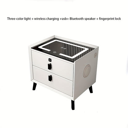 Smart Side Table – Fingerprint Lock, Charging Ports & LED Light
